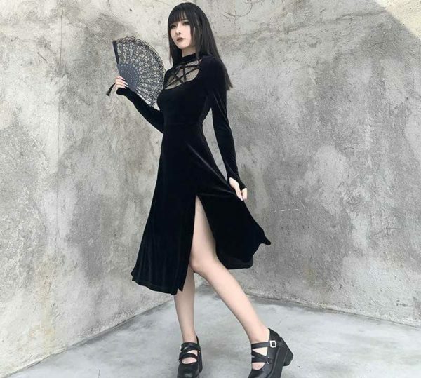 Y2K Grunge Dark Velvet Dress - Retro 90S Fashion, Summer Party, Club & Popstar Outfits