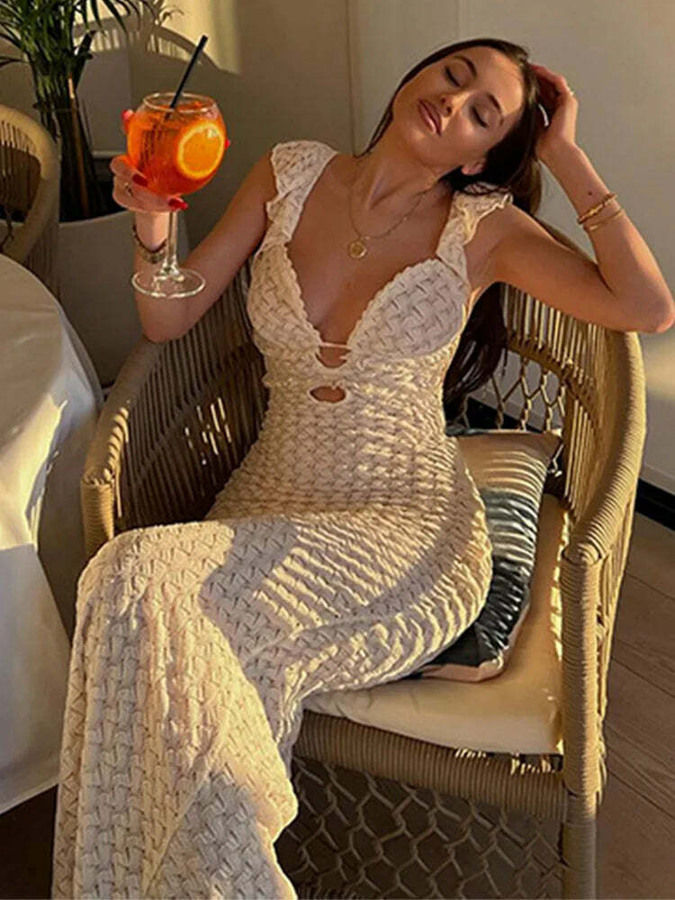 Y2K Grunge Deep V Neck Sleeveless Slim High Waist Long Dress - Retro 90S Summer Beach Outfit