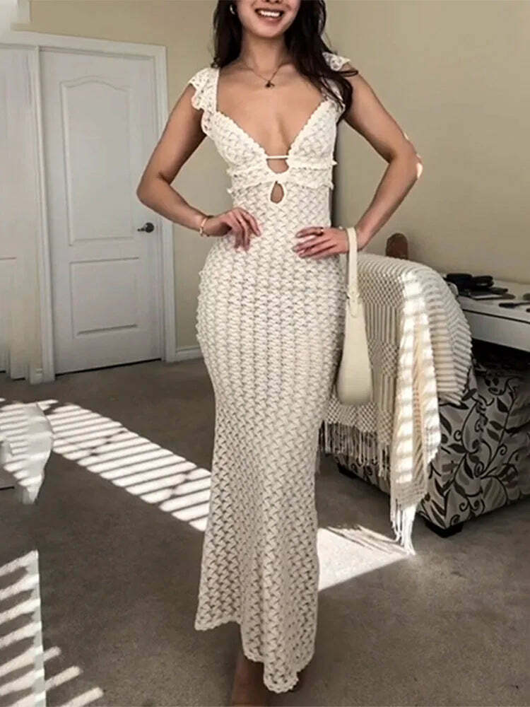 Y2K Grunge Deep V Neck Sleeveless Slim High Waist Long Dress - Retro 90S Summer Beach Outfit