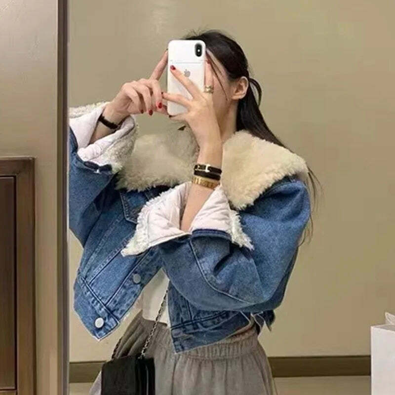 Y2K Grunge Denim Fleece Jacket With Faux Fur Collar - Retro 90S Winter Coat For Women