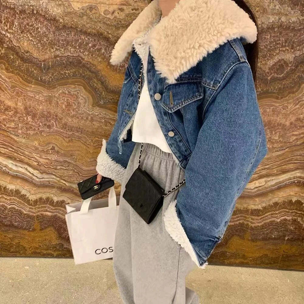 Y2K Grunge Denim Fleece Jacket With Faux Fur Collar - Retro 90S Winter Coat For Women