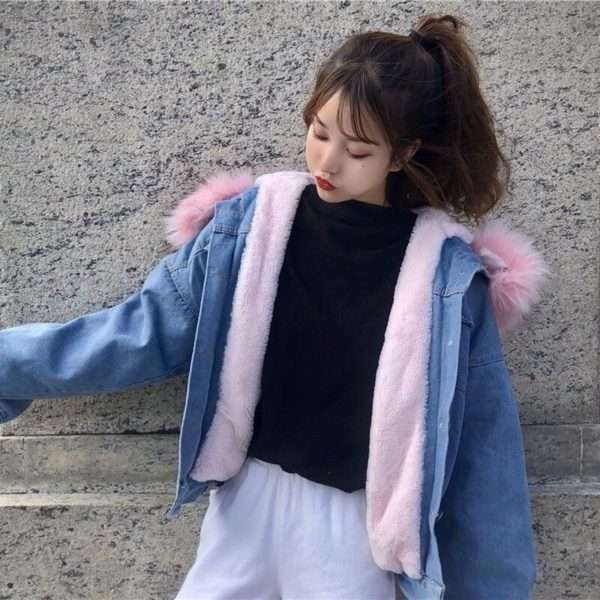 Y2K Grunge Denim Fur Jacket - 90S Fashion, Retro Style, Y2K Summer Outfits, Y2K Club Look