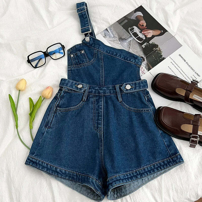 Y2K Grunge Denim Jumpsuit - Retro 90S One-Shoulder Wide Leg Pants, Cool Summer Streetwear