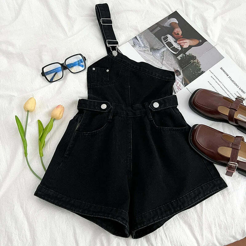 Y2K Grunge Denim Jumpsuit - Retro 90S One-Shoulder Wide Leg Pants, Cool Summer Streetwear
