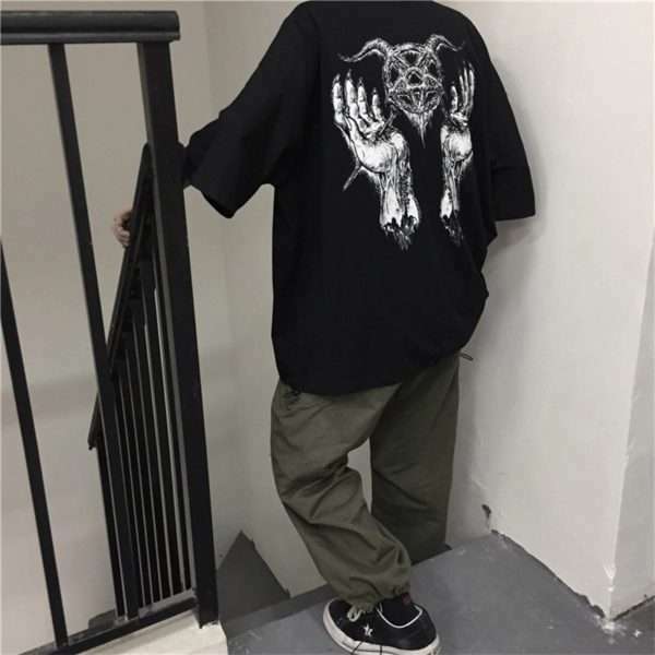 Y2K Grunge Devil Star Print Loose T-Shirt - Retro 90S Summer Outfit, Pastel Goth Style