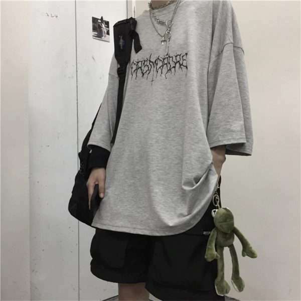 Y2K Grunge Devil Star Print Loose T-Shirt - Retro 90S Summer Outfit, Pastel Goth Style