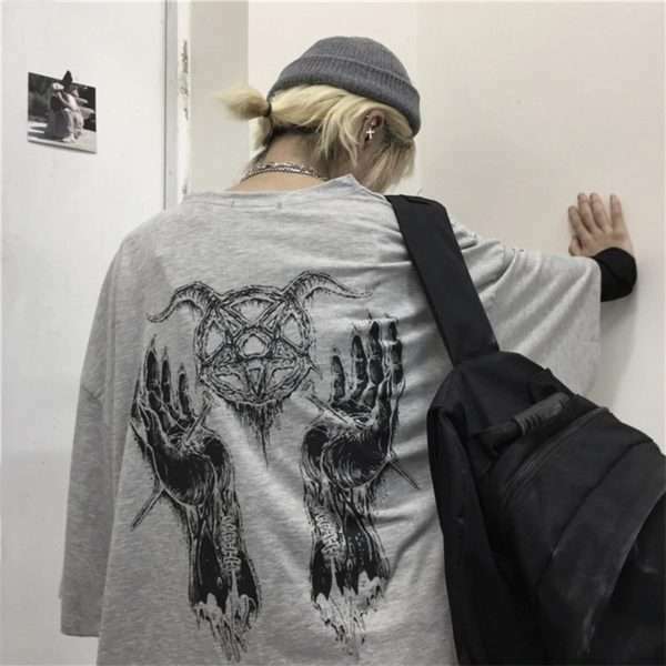 Y2K Grunge Devil Star Print Loose T-Shirt - Retro 90S Summer Outfit, Pastel Goth Style