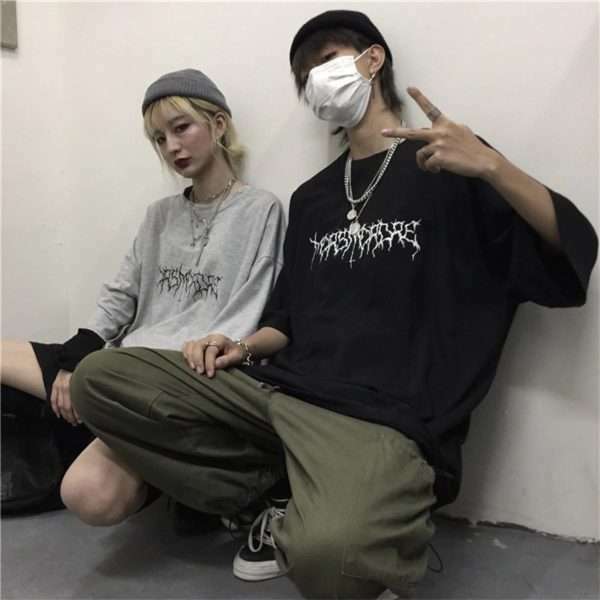 Y2K Grunge Devil Star Print Loose T-Shirt - Retro 90S Summer Outfit, Pastel Goth Style
