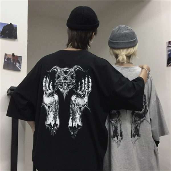 Y2K Grunge Devil Star Print Loose T-Shirt - Retro 90S Summer Outfit, Pastel Goth Style