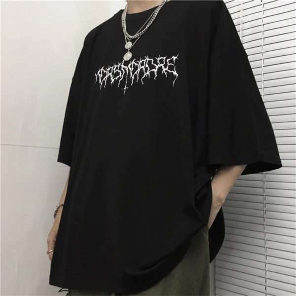 Y2K Grunge Devil Star Print Loose T-Shirt - Retro 90S Summer Outfit, Pastel Goth Style