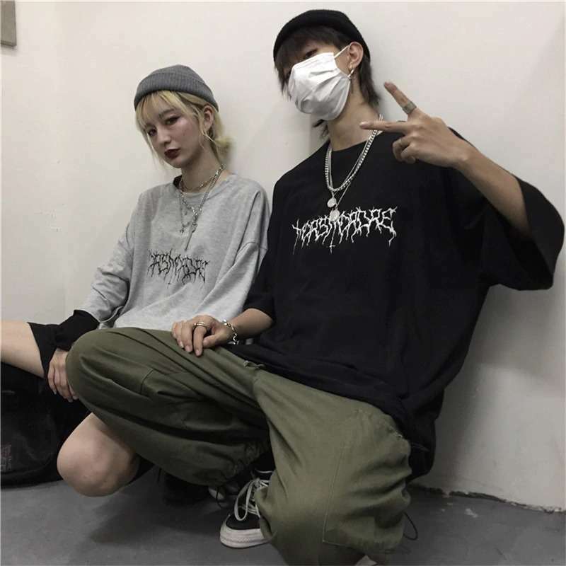 Y2K Grunge Devil Star Print Loose T-Shirt - Retro 90S Summer Outfit, Pastel Goth Style