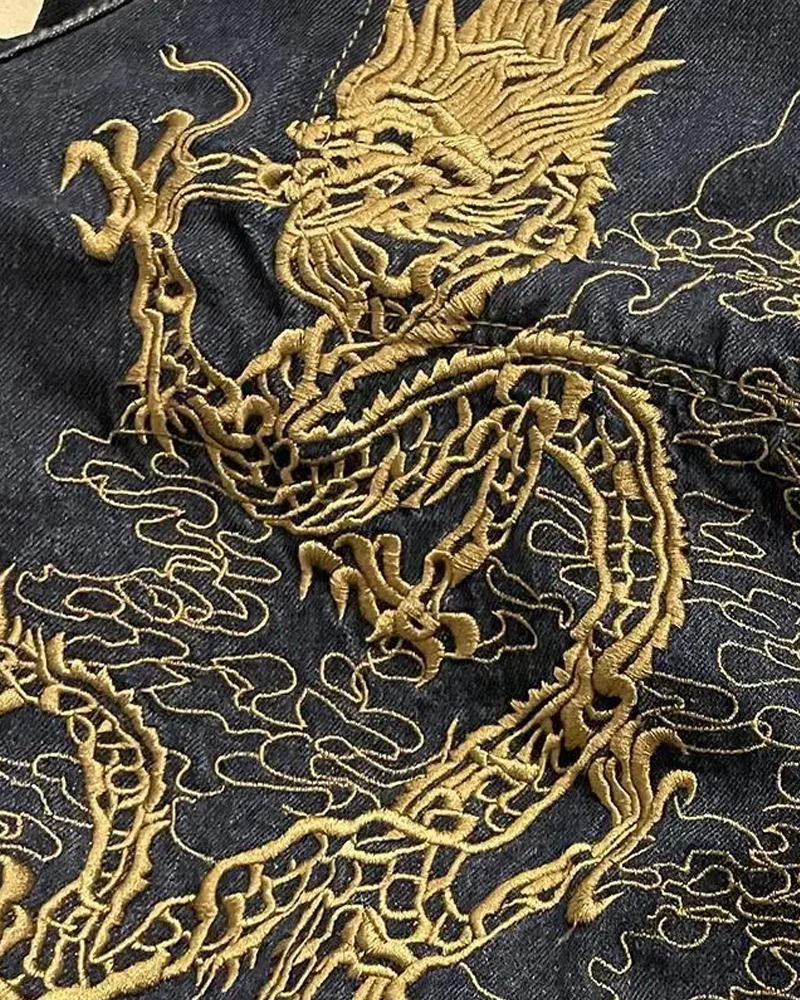 Y2K Grunge Dragon Embroidered Jeans - 90S Retro Style, Summer Y2K Outfits, Gothic Y2K Fashion