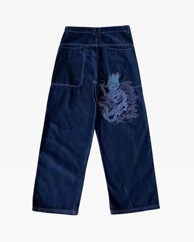 Y2K Grunge Dragon Embroidered Jeans - 90S Retro Style, Summer Y2K Outfits, Gothic Y2K Fashion