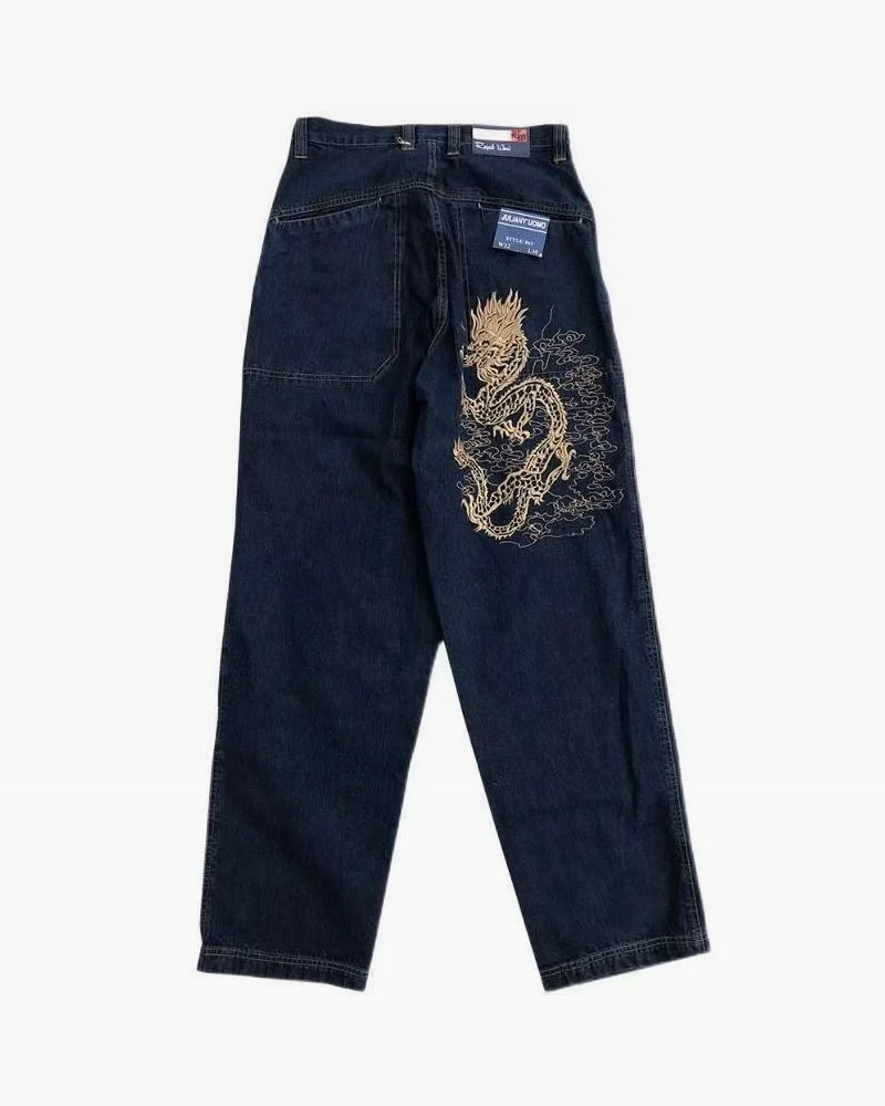 Y2K Grunge Dragon Embroidered Jeans - 90S Retro Style, Summer Y2K Outfits, Gothic Y2K Fashion