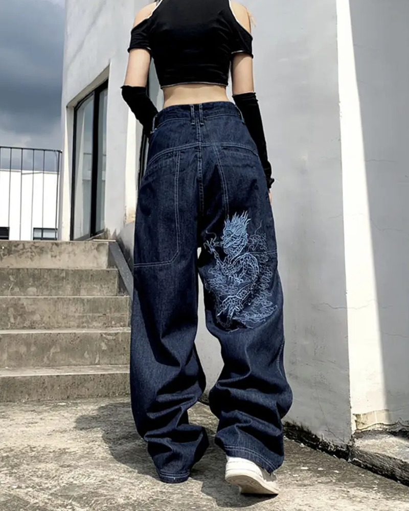 Y2K Grunge Dragon Embroidered Jeans - 90S Retro Style, Summer Y2K Outfits, Gothic Y2K Fashion