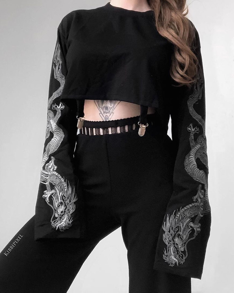 Y2K Grunge Dragon Long Sleeve Crop Top - Retro 90S Fashion, Summer Y2K Outfits, Gothic Style