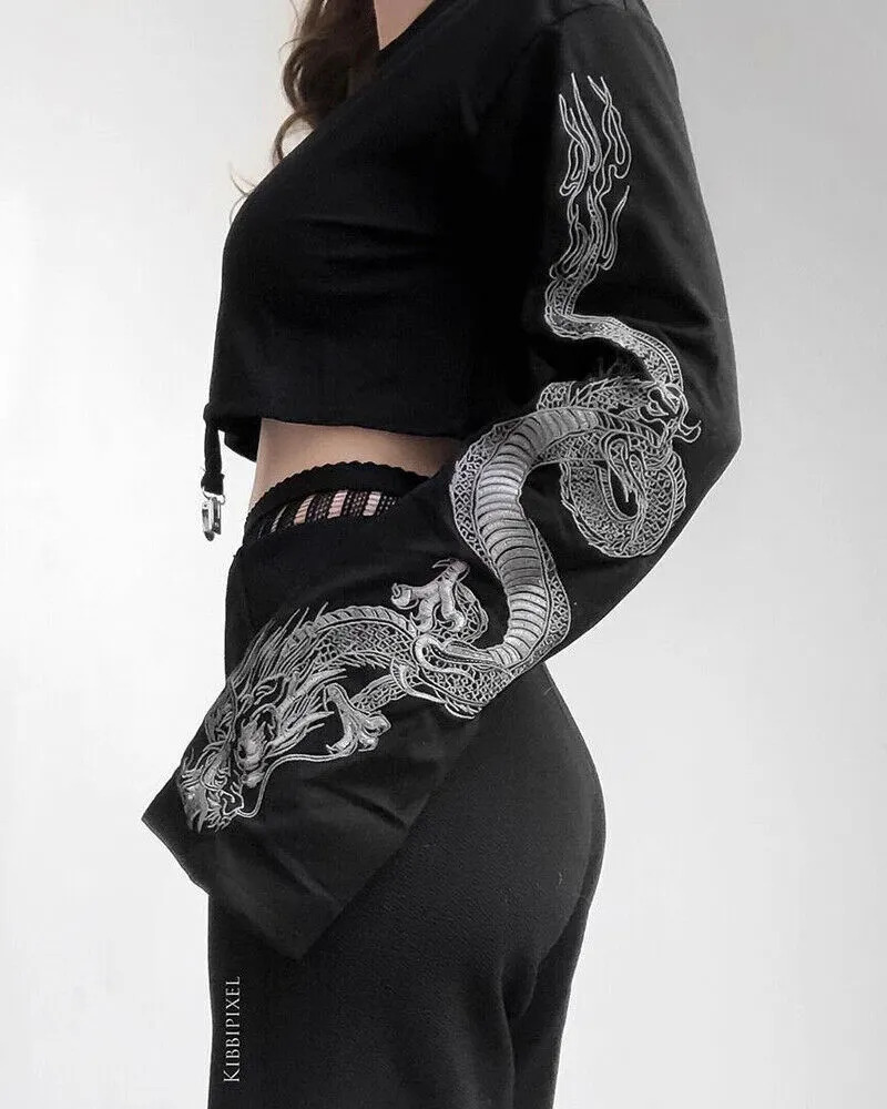 Y2K Grunge Dragon Long Sleeve Crop Top - Retro 90S Fashion, Summer Y2K Outfits, Gothic Style