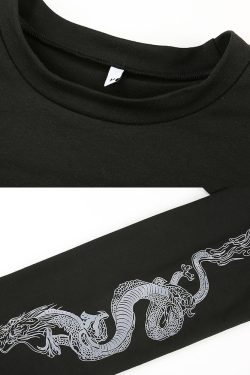 Y2K Grunge Dragon Long Sleeve Crop Top - Retro 90S Fashion, Summer Y2K Outfits, Gothic Style