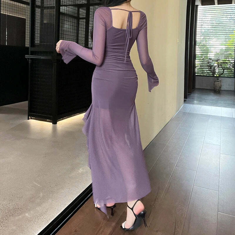 Y2K Grunge Elegant Long Skirt - Sexy Solid Color, Split Design, Ruffled Fishtail, Retro 90S Style