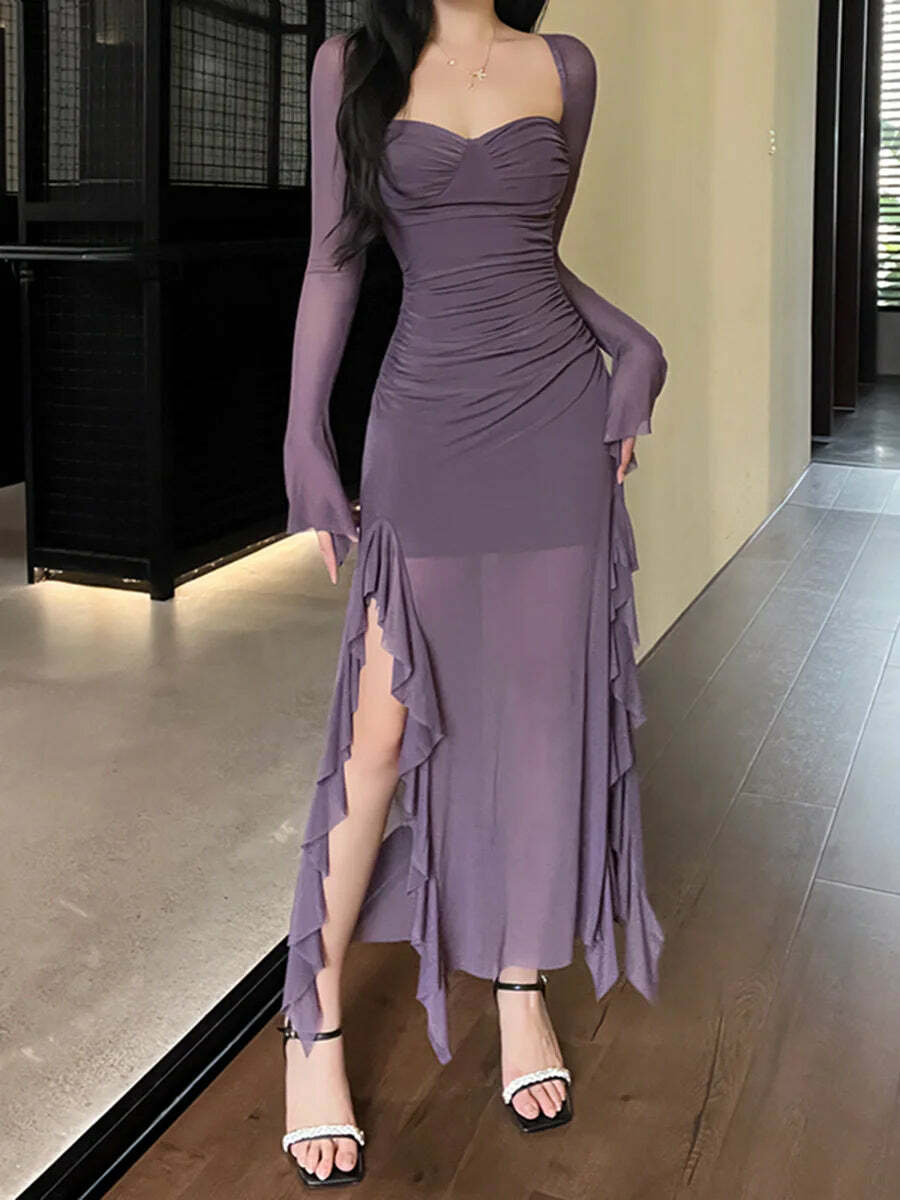 Y2K Grunge Elegant Long Skirt - Sexy Solid Color, Split Design, Ruffled Fishtail, Retro 90S Style