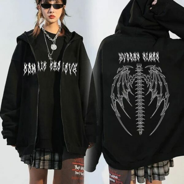 Y2K Grunge Fallen Angel Skeleton Wings Hoodie - 90S Retro Goth Fashion For Women