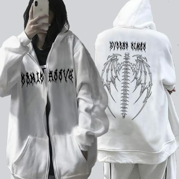 Y2K Grunge Fallen Angel Skeleton Wings Hoodie - 90S Retro Goth Fashion For Women