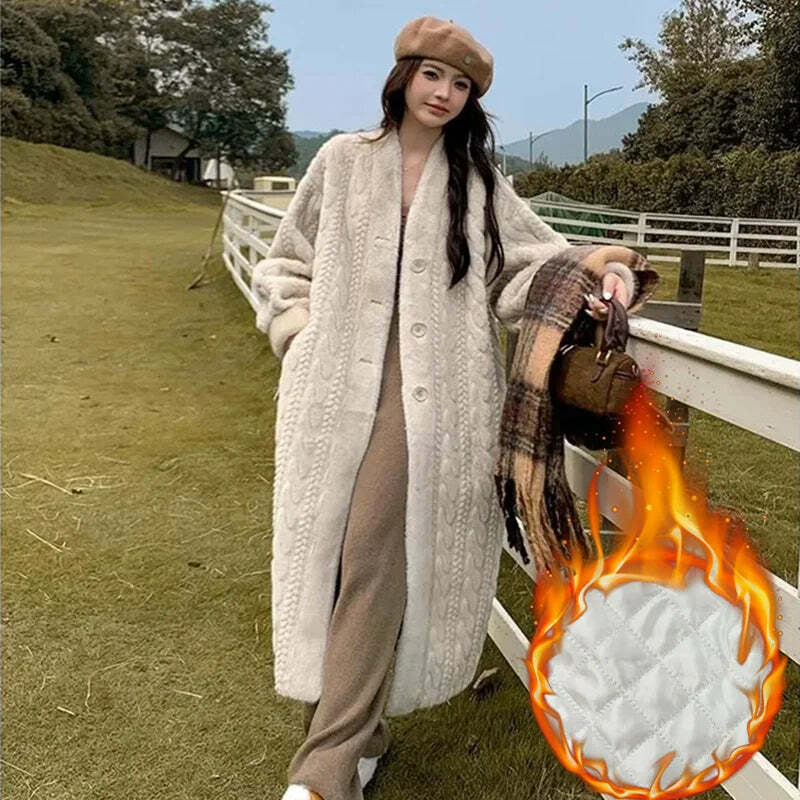 Y2K Grunge Faux Fur Coat - Warm V-Neck Rabbit Plush, Retro 90S Style, Elegant Winter Outerwear