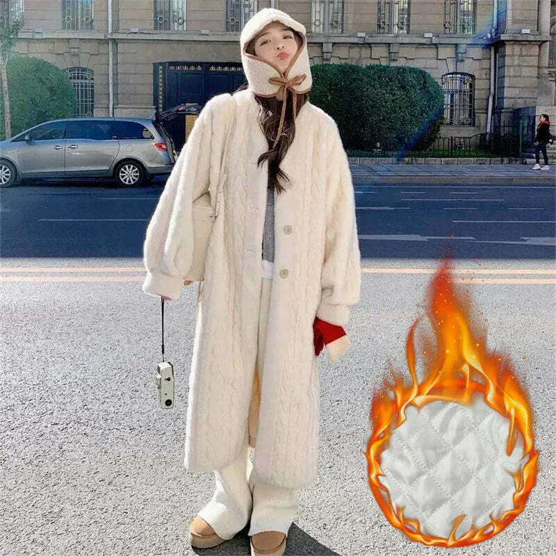 Y2K Grunge Faux Fur Coat - Warm V-Neck Rabbit Plush, Retro 90S Style, Elegant Winter Outerwear