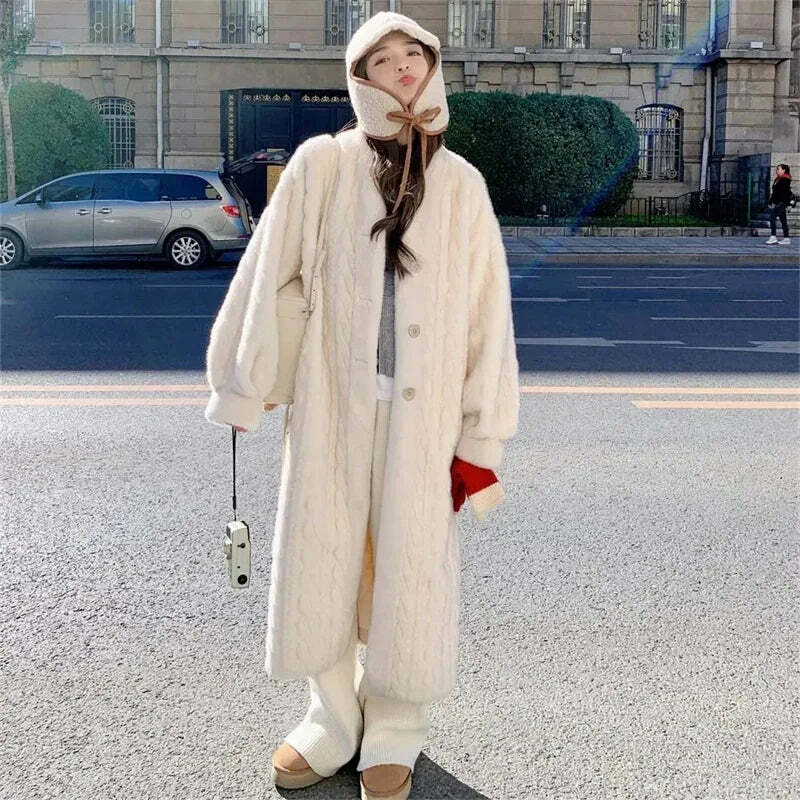 Y2K Grunge Faux Fur Coat - Warm V-Neck Rabbit Plush, Retro 90S Style, Elegant Winter Outerwear