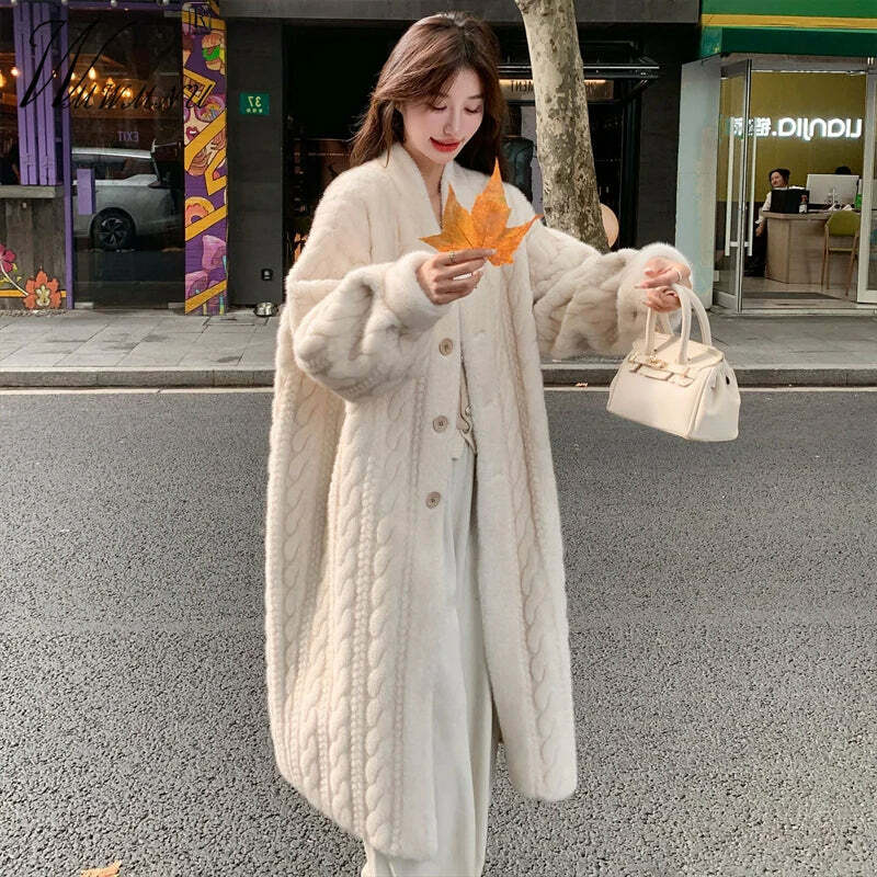 Y2K Grunge Faux Fur Coat - Warm V-Neck Rabbit Plush, Retro 90S Style, Elegant Winter Outerwear