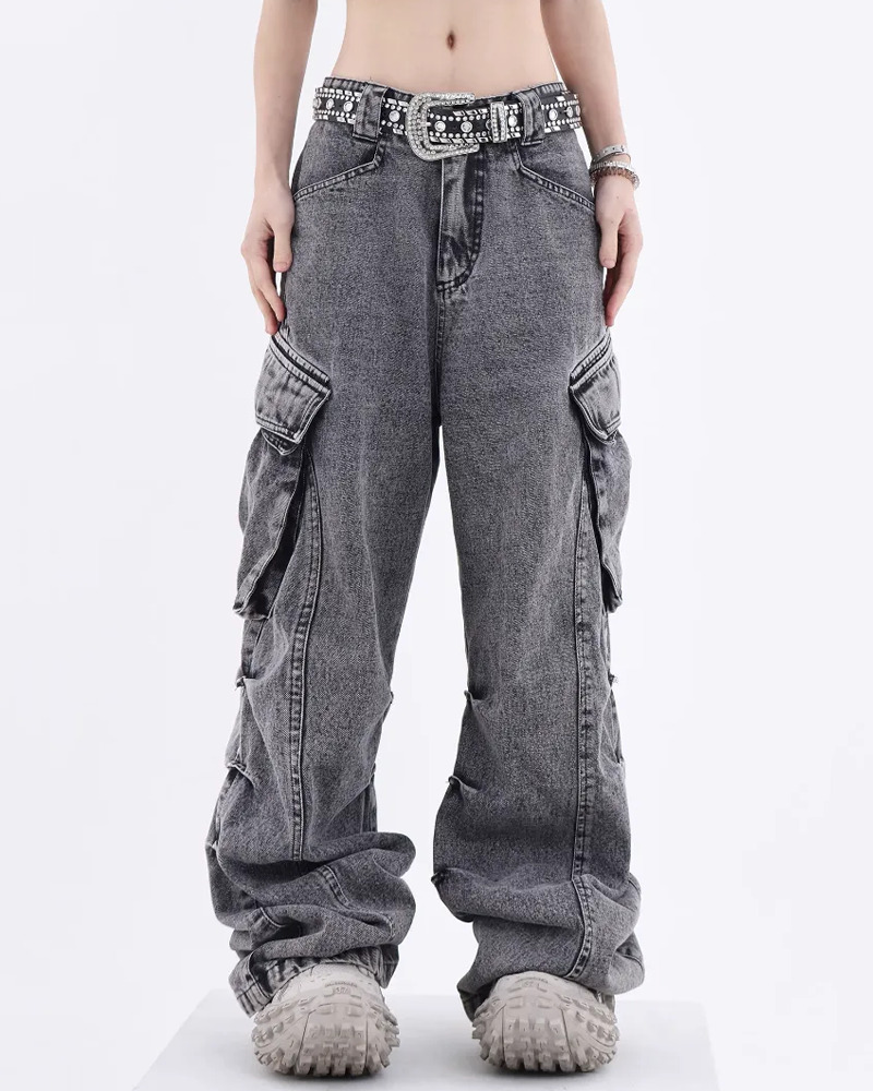 Y2K Grunge Gray Cargo Jeans - 90S Retro Style, Summer Y2K Outfits, Y2K Fashion Essentials