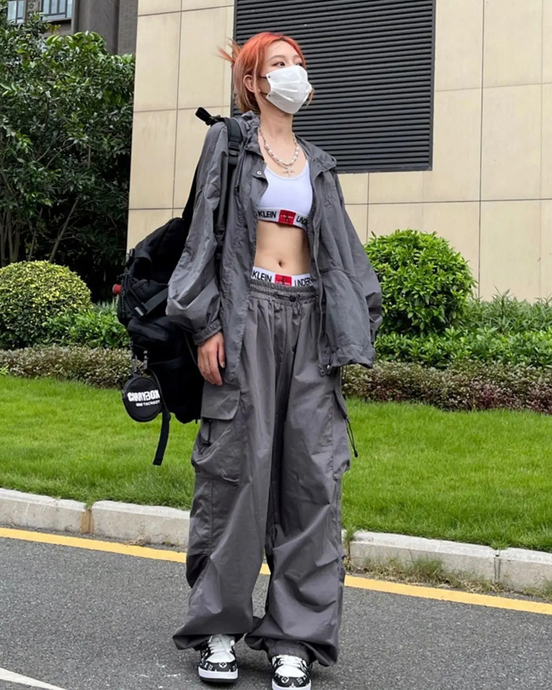 Y2K Grunge Gray Parachute Pants - 90S Retro Summer Outfit, Y2K Club & Party Fashion