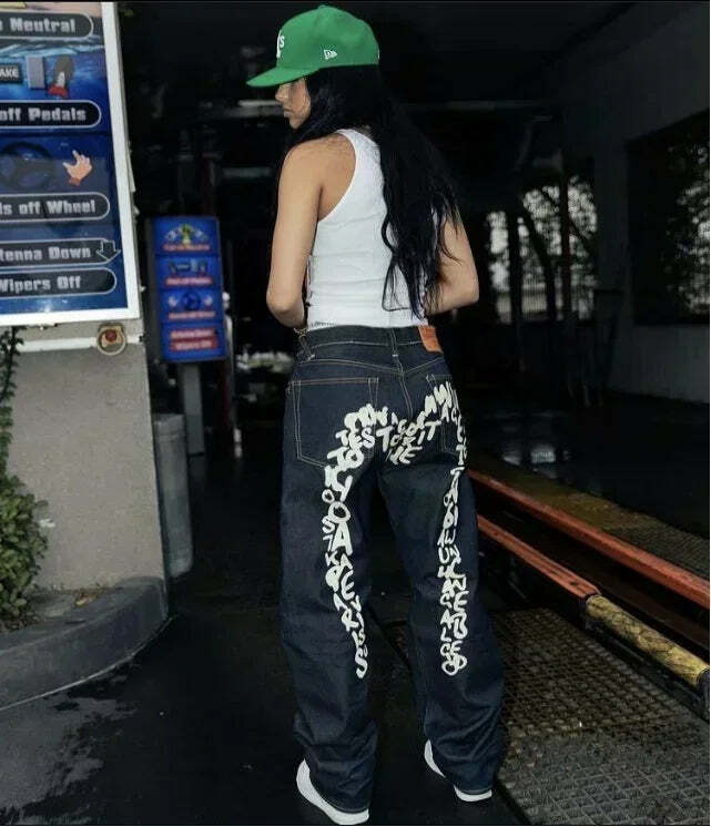Y2K Grunge High-Waisted Graphic Jeans - Gothic Punk, 90S Hip-Hop, Versatile Casual Pants