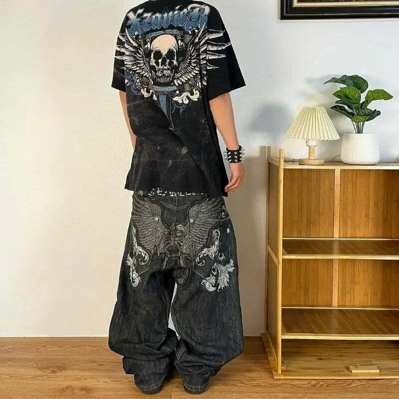 Y2K Grunge High-Waisted Graphic Jeans - Gothic Punk, 90S Hip-Hop, Versatile Casual Pants