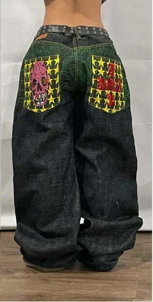 Y2K Grunge High-Waisted Graphic Jeans - Gothic Punk, 90S Hip-Hop, Versatile Casual Pants