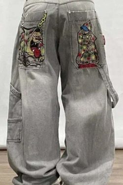 Y2K Grunge High Waist Baggy Jeans - Vintage Harajuku Wide-Leg Pants For Women, Gothic Streetwear