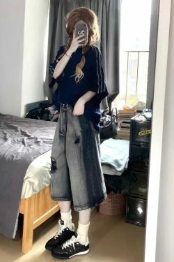 Y2K Grunge High Waist Wide Leg Jeans - Retro Washed Hole E-Girl Pants, 90S Summer Outfit