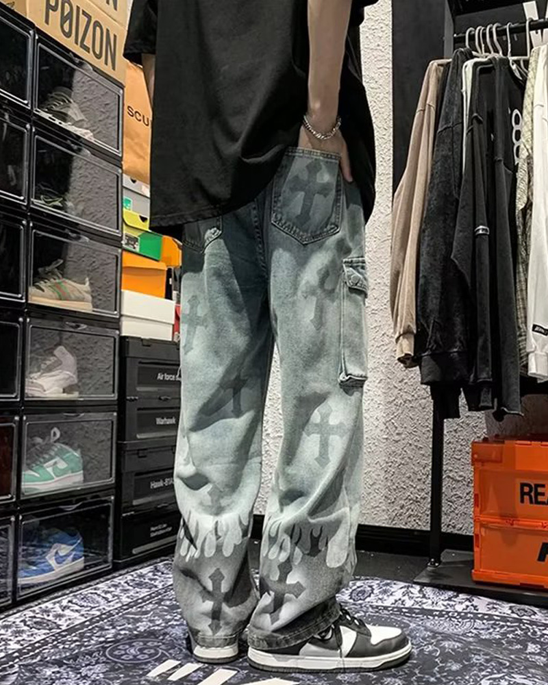 Y2K Grunge Jeans With Crosses - 90S Retro Style, Gothic Y2K, Summer Y2K Outfits