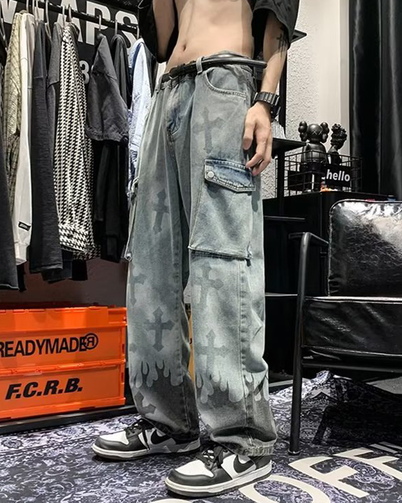 Y2K Grunge Jeans With Crosses - 90S Retro Style, Gothic Y2K, Summer Y2K Outfits