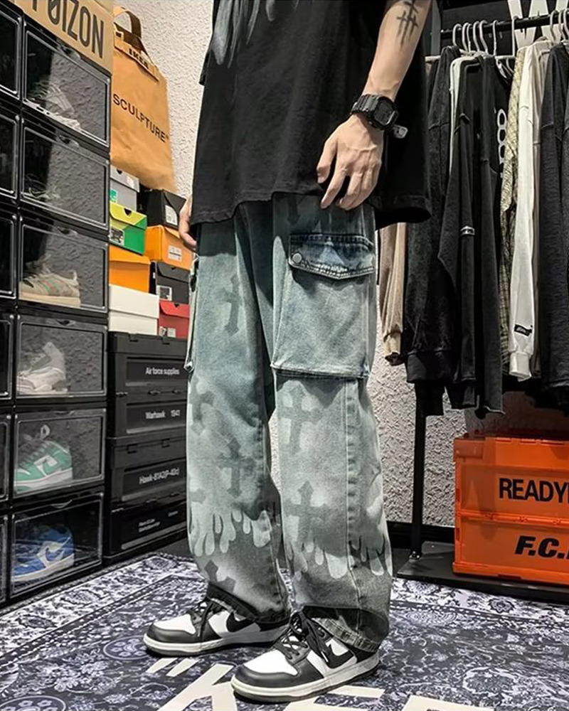 Y2K Grunge Jeans With Crosses - 90S Retro Style, Gothic Y2K, Summer Y2K Outfits