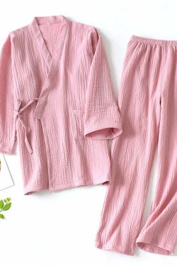 Y2K Grunge Kimono Set: 100% Cotton Pajamas, Retro 90S Couple Yukata, Loose Fit Home Service Suit