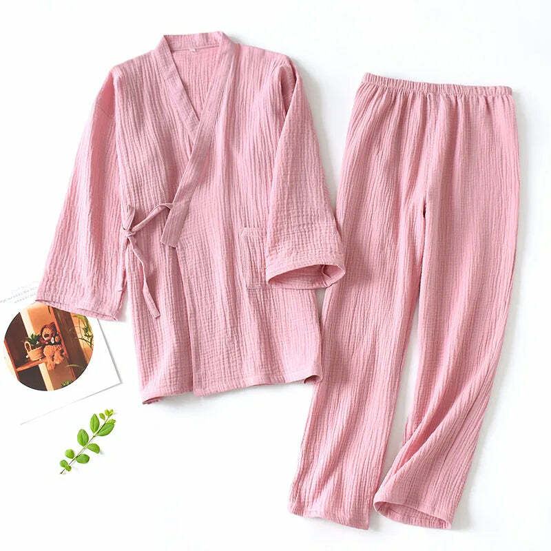 Y2K Grunge Kimono Set: 100% Cotton Pajamas, Retro 90S Couple Yukata, Loose Fit Home Service Suit
