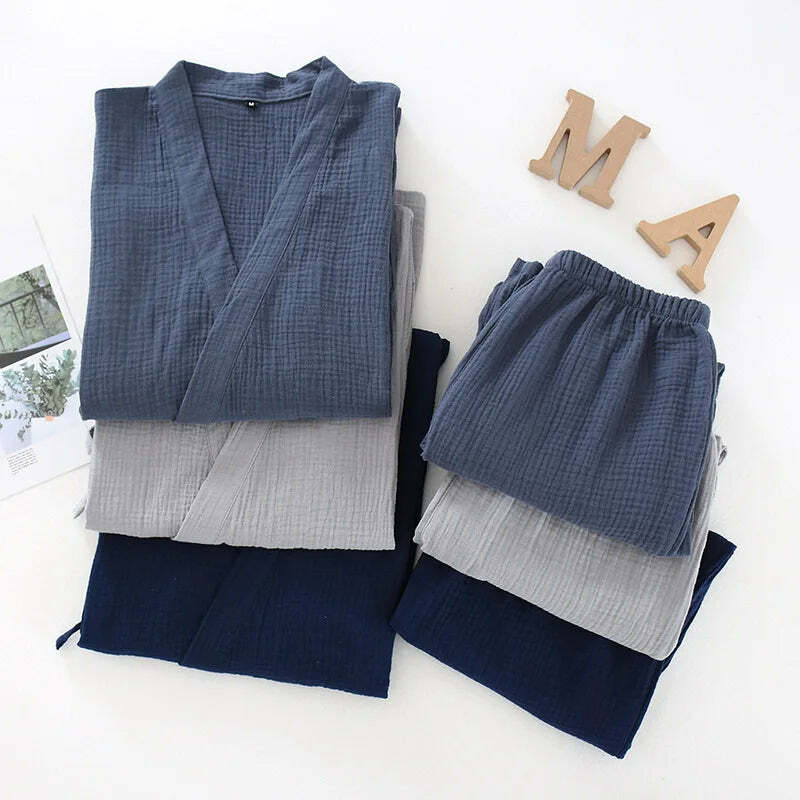 Y2K Grunge Kimono Set: 100% Cotton Pajamas, Retro 90S Couple Yukata, Loose Fit Home Service Suit