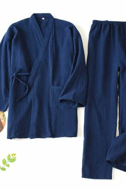 Y2K Grunge Kimono Set: 100% Cotton Pajamas, Retro 90S Couple Yukata, Loose Fit Home Service Suit