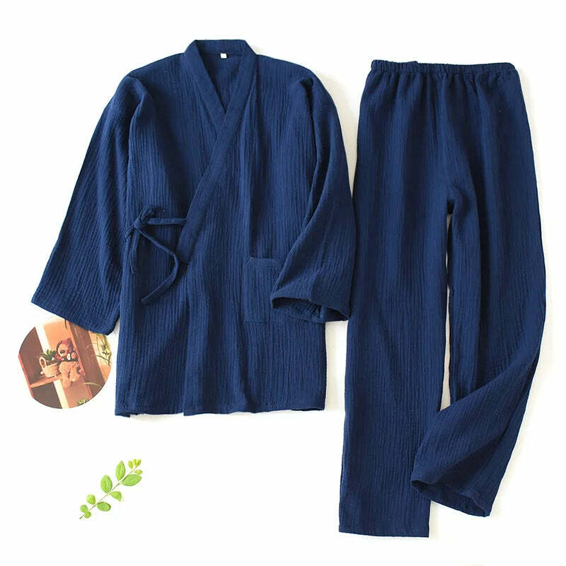 Y2K Grunge Kimono Set: 100% Cotton Pajamas, Retro 90S Couple Yukata, Loose Fit Home Service Suit