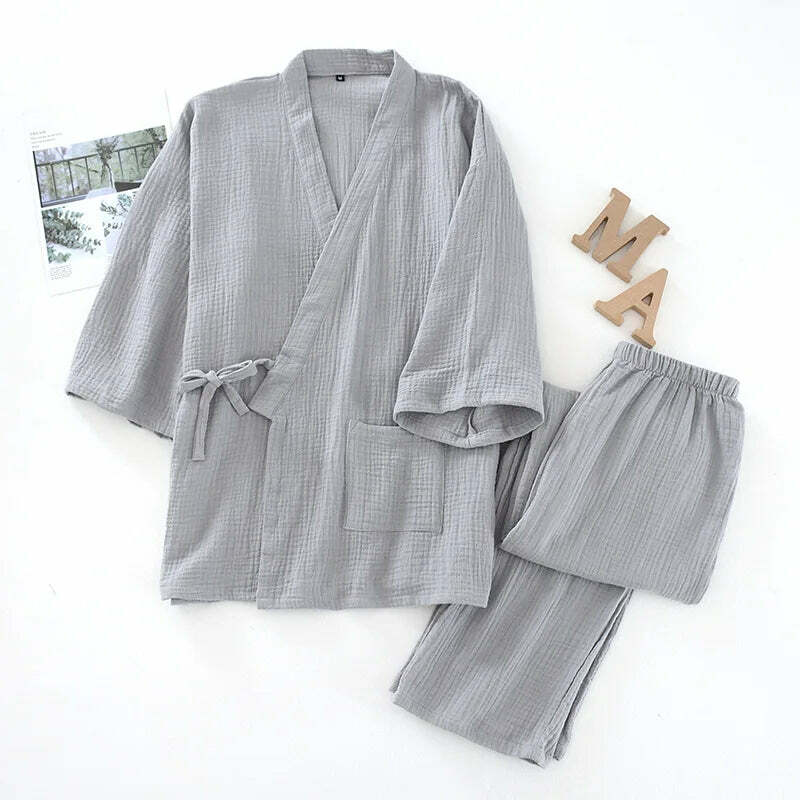 Y2K Grunge Kimono Set: 100% Cotton Pajamas, Retro 90S Couple Yukata, Loose Fit Home Service Suit