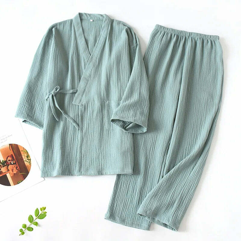 Y2K Grunge Kimono Set: 100% Cotton Pajamas, Retro 90S Couple Yukata, Loose Fit Home Service Suit