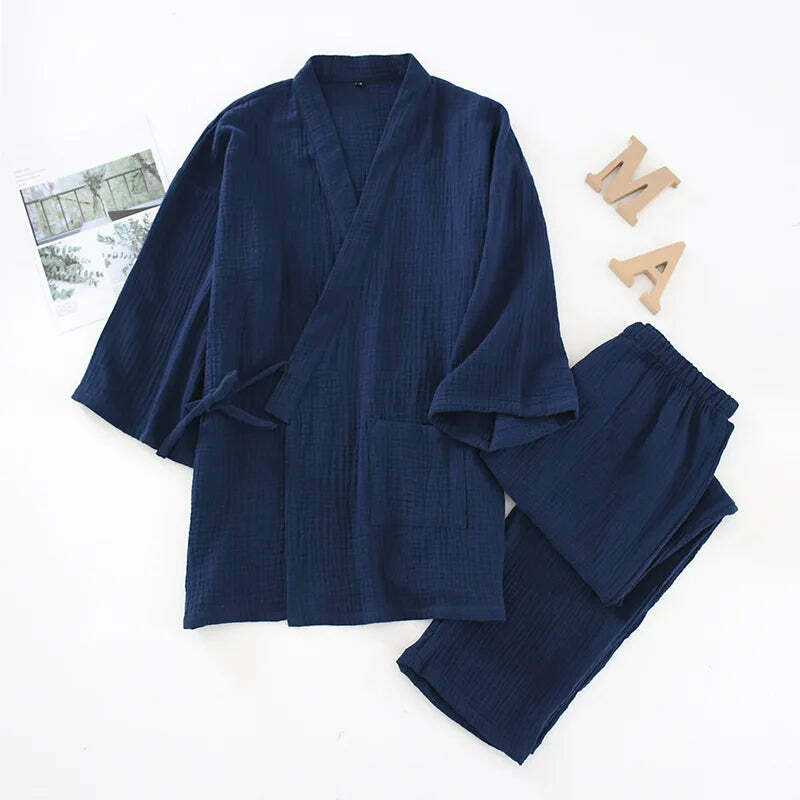 Y2K Grunge Kimono Set: 100% Cotton Pajamas, Retro 90S Couple Yukata, Loose Fit Home Service Suit