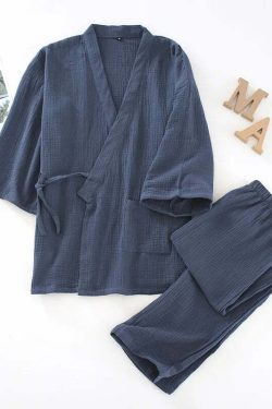Y2K Grunge Kimono Set: 100% Cotton Pajamas, Retro 90S Couple Yukata, Loose Fit Home Service Suit