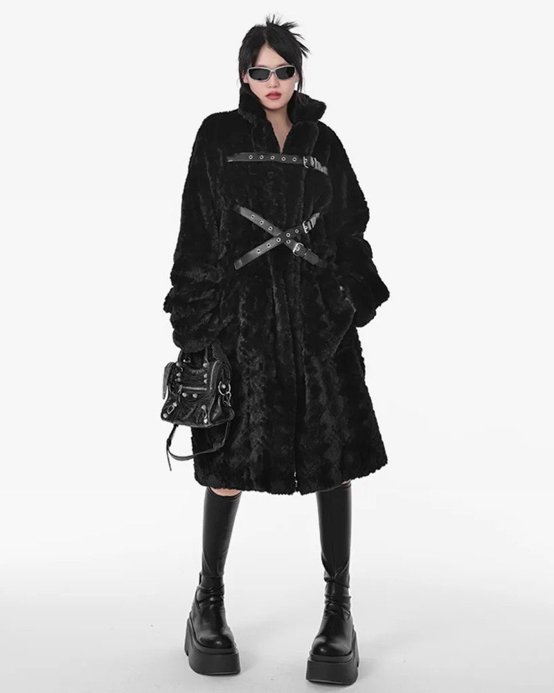 Y2K Grunge Long Black Faux Fur Coat - Retro 90S Fashion, Gothic Y2K, Party & Club Outfits